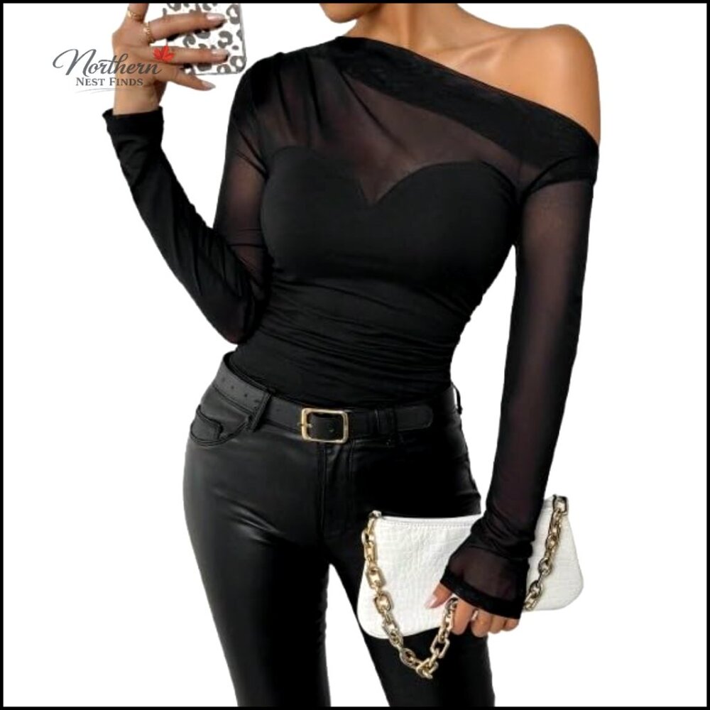 Mesh Sheer Off Shoulder Long Sleeve T-Shirt Slim Fit Y2K Top